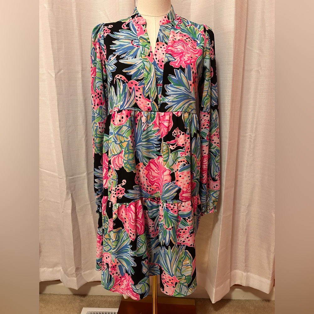 Lilly Pulitzer Black Floral Print Long Sleeve Tiered Dress